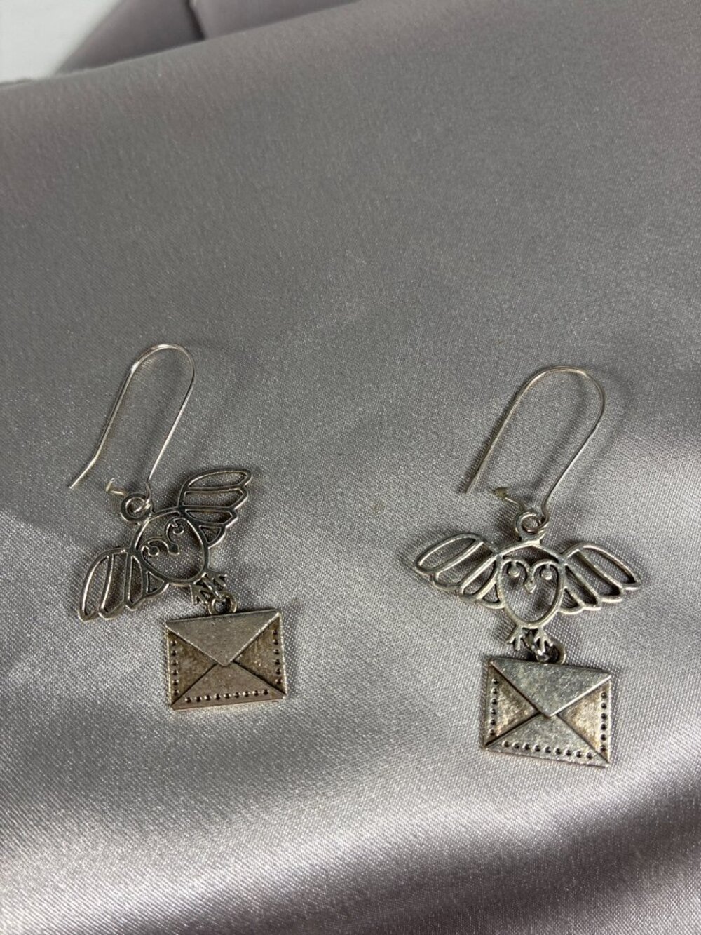 Owl & Letter Dangle Earrings Silver Tone Pierced Wire Whimsical Bookish Jewelry - Picture 5 of 6